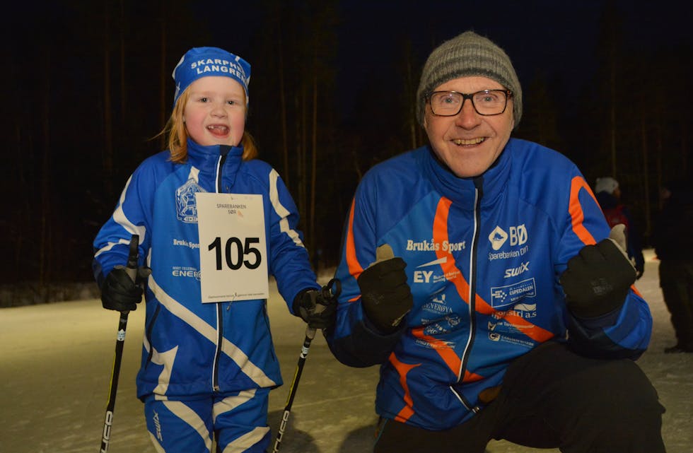 Onsdagsrenn 5. februar 2020: Guri Mølstre (6) og bestefar Augon Eika øver startteknikk