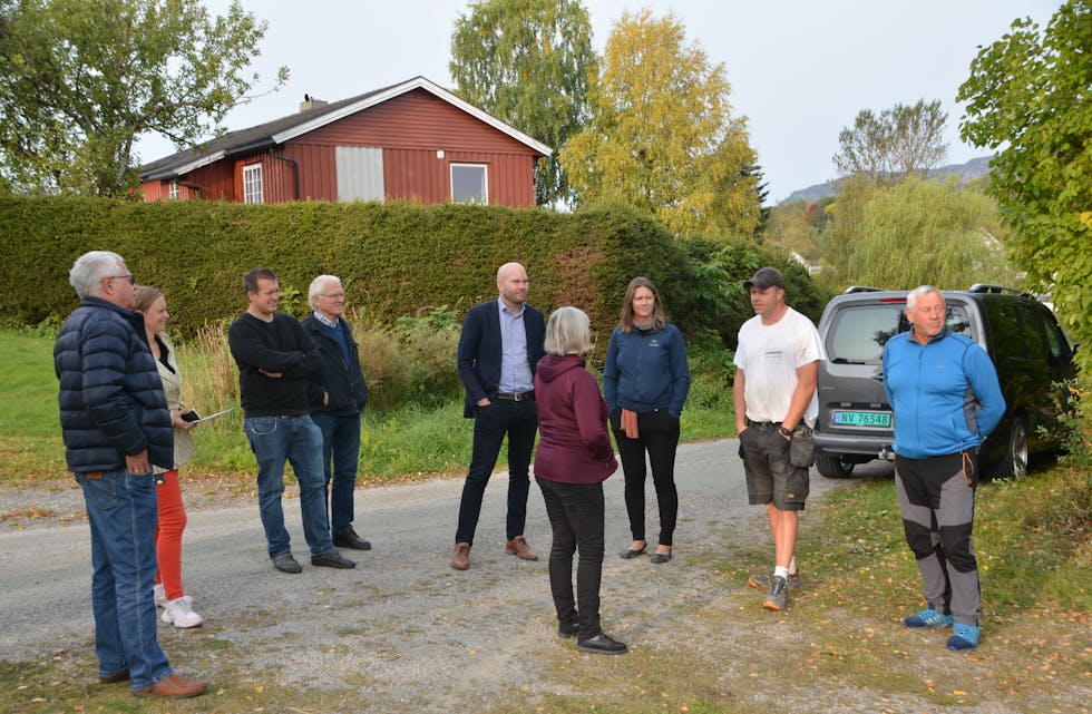 I OPPHEIMVEGEN: Her er PTN-utvalet på synfaring i Oppheimvegen nedst i Breisås. Einar Forberg (med kvit t-skjorte) orienterer utvalet om byggjeplanane i feltet.