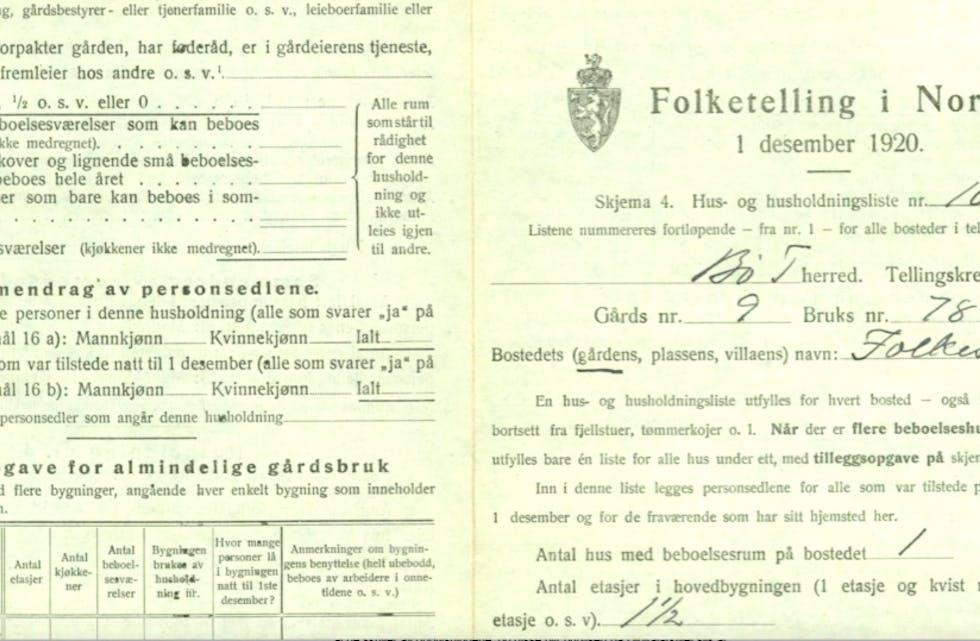 1920: Folketeljinga frå 1920 er nå å finne på Digitalarkivet. Dette er frå Folkestad i Bø.