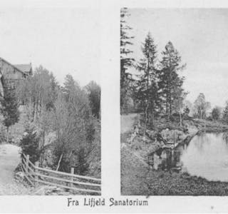Todelt postkort av Lifjell sanatorium frå 1909.
