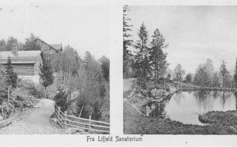 Todelt postkort av Lifjell sanatorium frå 1909.