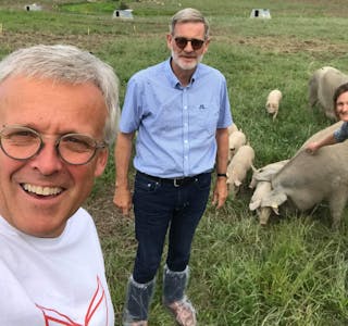 BESØK HOS GRISEBONDE: Dag Sele og Knut Duesund frå Partiet Sentrum har besøkt Bø-bonde Astrid Staurheim for å lære meir om økologisk grisedrift.