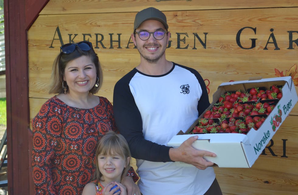 JORDBÆRA ER HER: Madalina, Adelle (5) og Øyvind Eilevstjønn viser stolt fram nyplukka jordbær.