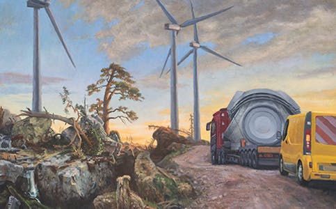 EPLEFESTKUNSTNAR: «Utdøende urskog del 3, fritt etter August Cappelen» er tittelen på dette måleriet av Jon Are Myhrer, årets Eplefestkunstnar.