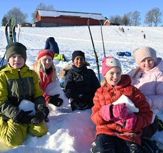 SKIDAG PÅ SISJORD: Denne gjengen frå klasse 3B ved Bø skule kosa seg i snøen. F.v. Leander, Elinor, Cristan, Mari og Stina.